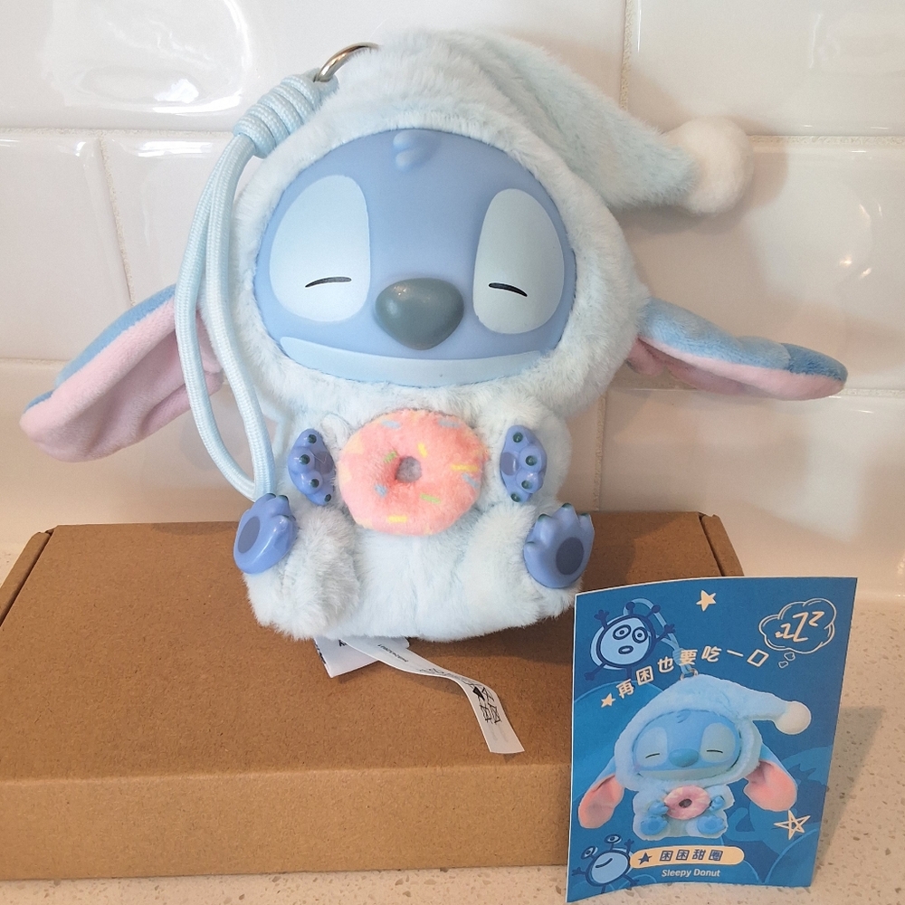 MINISO Disney Stitch Eat Something Before Sleep Sleepy Donut Plush Keychain, NEW